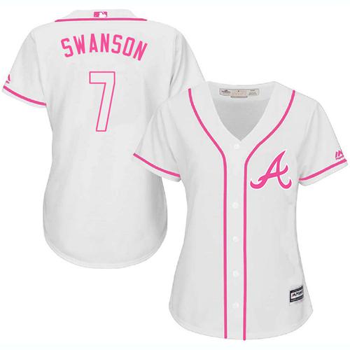 Braves #7 Dansby Swanson White/Pink Fashion Women's Stitched MLB Jersey - Click Image to Close
